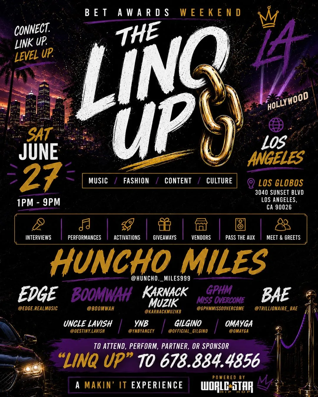 The Linq Up event flyer — BET Awards Weekend, Saturday June 27 at Los Globos, 3040 Sunset Blvd, Los Angeles: music, fashion, content, culture
