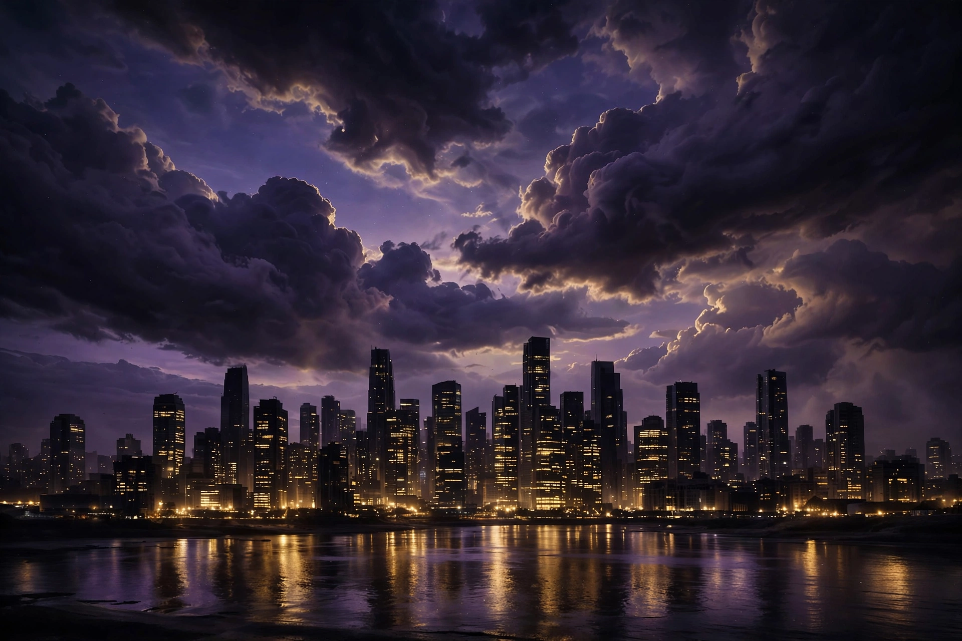 A dramatic city skyline at night under a purple sky, gold lights reflecting on the river