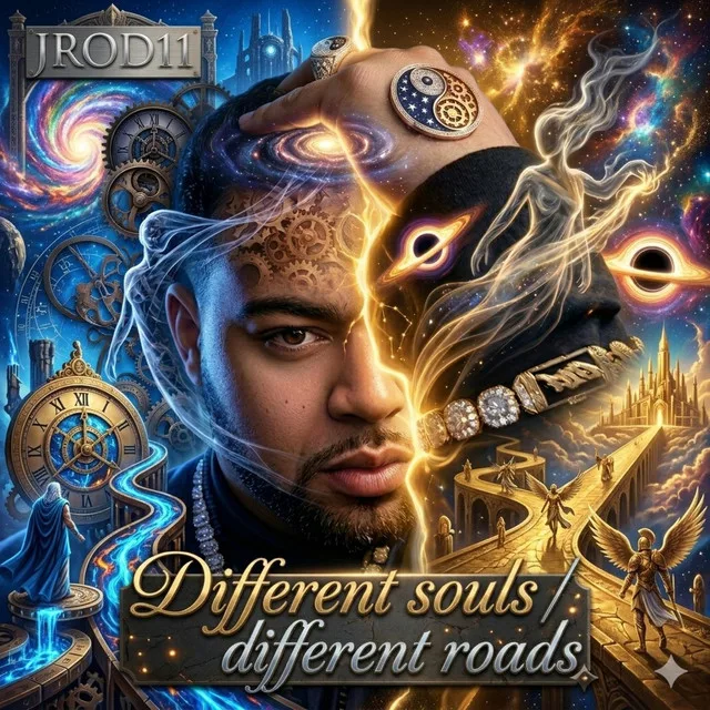 “Different Soul Different Roads” cover art — JROD11’s face split by a bolt of golden lightning, cosmic clocks and sacred symbols swirling around him