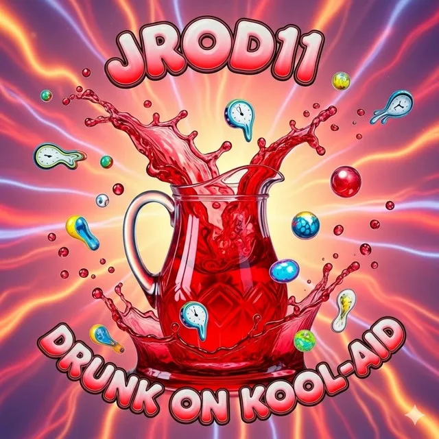 “Drunk On Kool-aid” cover art — a splashing pitcher of red Kool-Aid ringed by keys, clocks, and planets on a psychedelic background