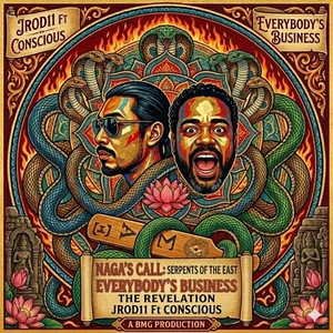 “Everybody’s Business” cover art — two faces ringed by serpents, flames, and lotus flowers in a rich illustrative style, JROD11 featuring Conscious