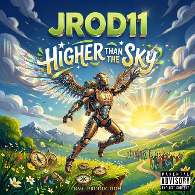 “Higher Than The Sky” cover art — a golden winged robot soaring over green hills toward the sun