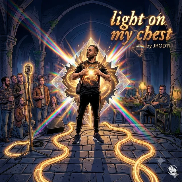 “Light on My Chest” cover art — JC on a small stage in a stone hall, golden light bursting from his chest as rainbow beams cut across the room and the crowd watches