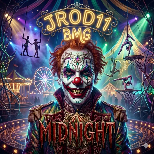 “Midnight” cover art — a grinning clown ringmaster before a carnival Ferris wheel and circus tent