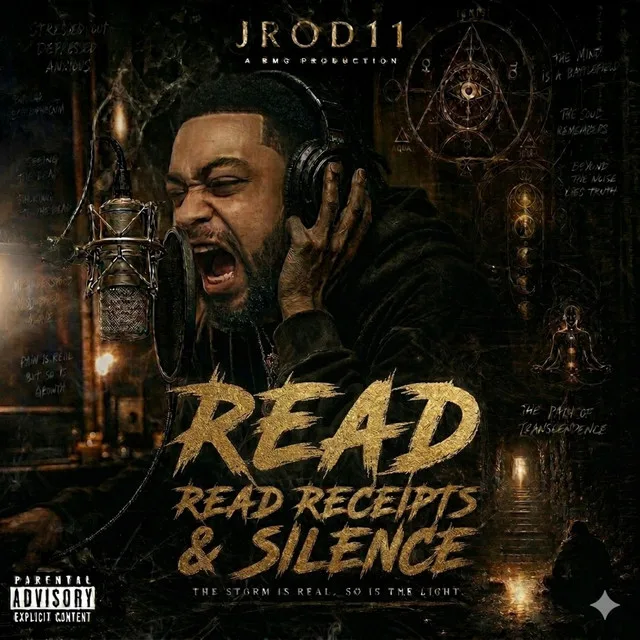 “Read Receipts & Silence (Radio Edit)” cover art — JC pouring his voice into a studio microphone, esoteric symbols etched into the dark around him