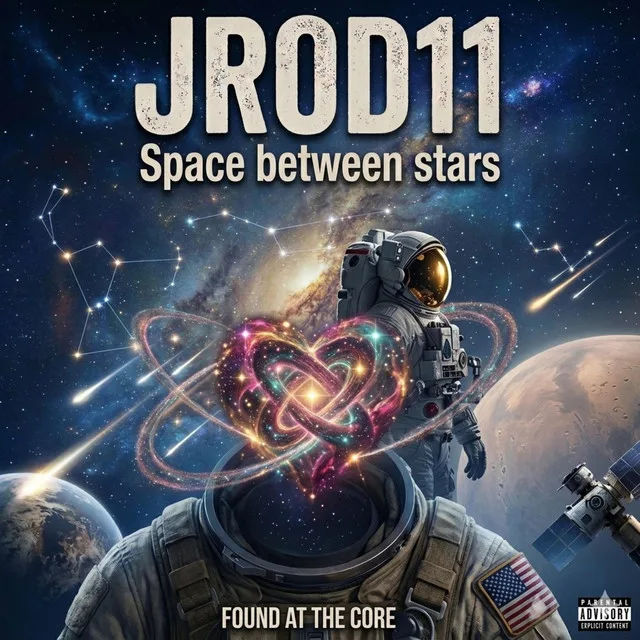 “Space Between Stars” cover art — an astronaut whose helmet holds a glowing heart-shaped galaxy, Earth below