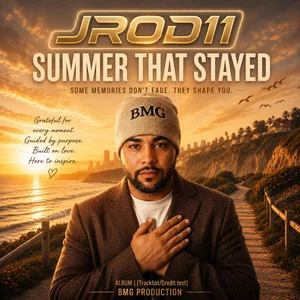 “Summer That Stayed” cover art — JC in a BMG beanie on a coastal cliff path at sunset, hand over his heart: “Some memories don’t fade. They shape you.”