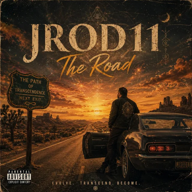 “The Road” cover art — a lone man beside a car on a desert highway at sunset, passing a sign that reads “The path of transcendence — next exit”